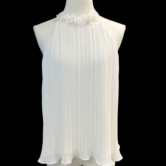 CeCe Blouse Womens Small White Pleated High Neck Halter Sleeveless Floral Trim - Picture 1 of 9